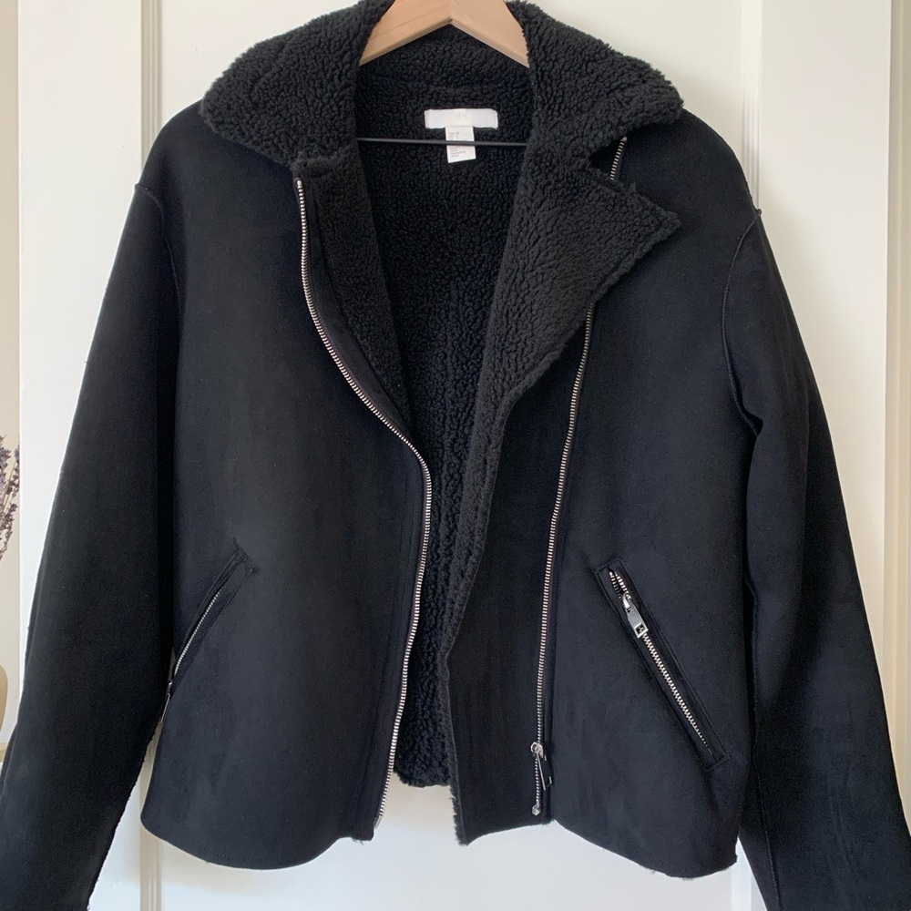 H&M Black Teddy Jacket Asymmetrical Zipper